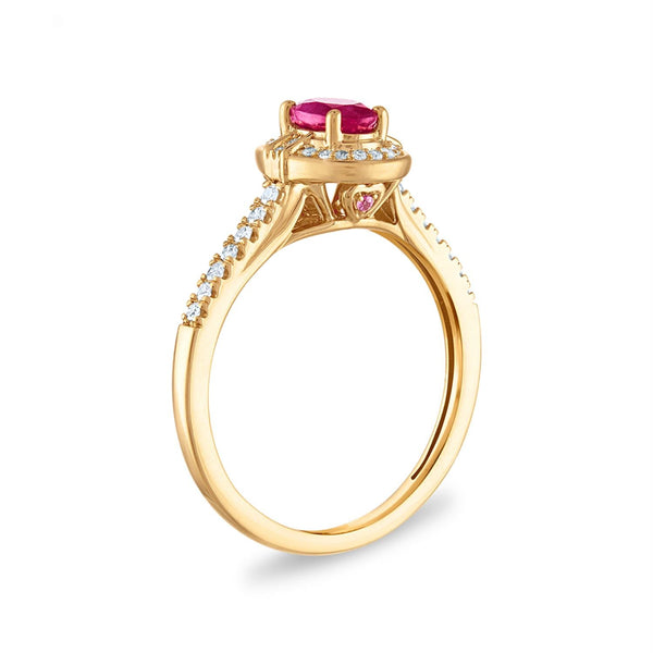 LoveSong 6X4MM Oval Ruby and Diamond Halo Ring in 14KT Yellow Gold