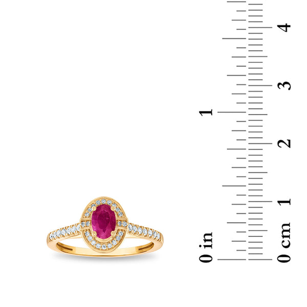 LoveSong 6X4MM Oval Ruby and Diamond Halo Ring in 14KT Yellow Gold