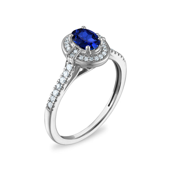 LoveSong 6X4MM Oval Sapphire and Diamond Halo Ring in 10KT White Gold