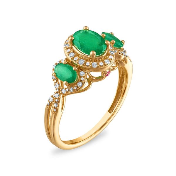 LoveSong Oval Emerald and Diamond Three Stone Halo Ring in 10KT Yellow Gold