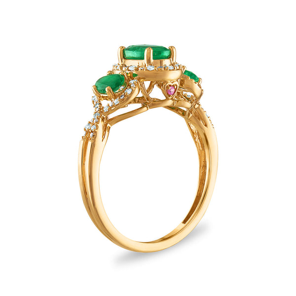 LoveSong Oval Emerald and Diamond Three Stone Halo Ring in 10KT Yellow Gold