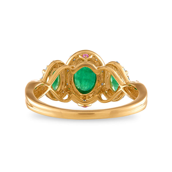 LoveSong Oval Emerald and Diamond Three Stone Halo Ring in 10KT Yellow Gold