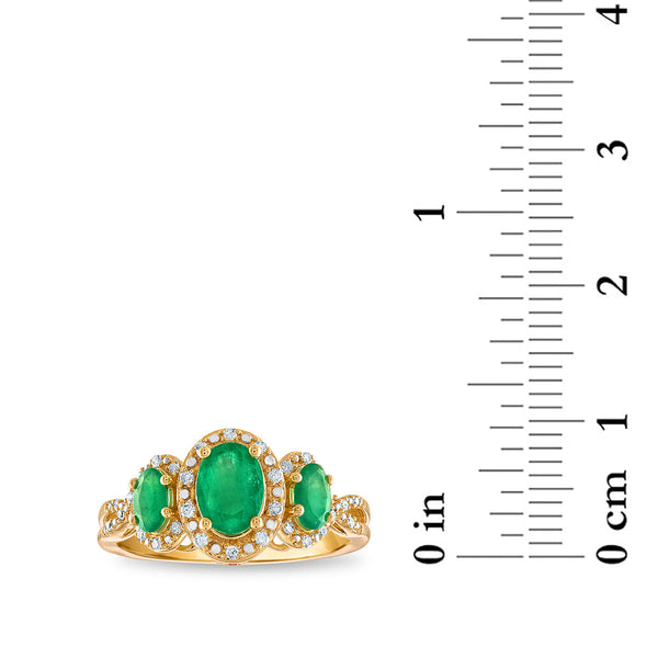 LoveSong Oval Emerald and Diamond Three Stone Halo Ring in 10KT Yellow Gold