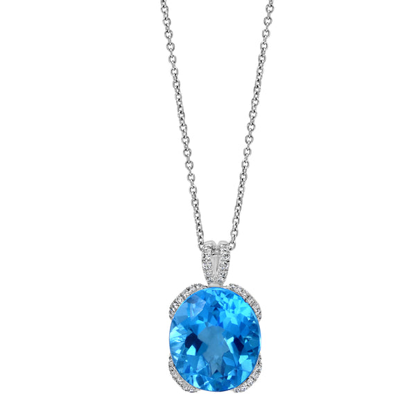 EFFY 14X12MM Oval Blue Topaz and Diamond 18-inch Fashion Pendant in 14KT White Gold