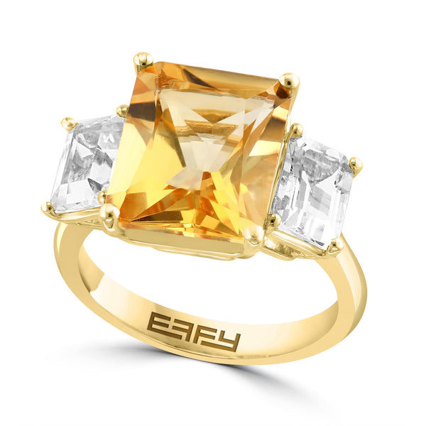 EFFY 12X10MM Emerald Shape Citrine and White Topaz Fashion Ring in 14KT Yellow Gold