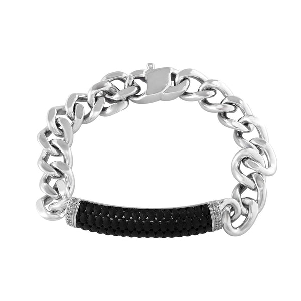 EFFY Round White Sapphire 8.5-inch Black ID Plate Fashion Bracelet in Rhodium Plated Sterling Silver