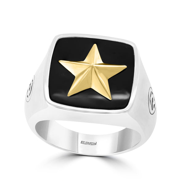 EFFY 15MM Cushion Onyx Yellow Gold Plated Star Signet Ring in Sterling Silver