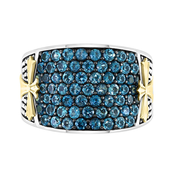 EFFY Round London Blue Topaz Fashion Ring in Sterling Silver with Yellow Gold Plated Crosses