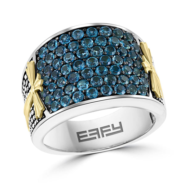 EFFY Round London Blue Topaz Fashion Ring in Sterling Silver with Yellow Gold Plated Crosses