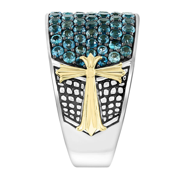 EFFY Round London Blue Topaz Fashion Ring in Sterling Silver with Yellow Gold Plated Crosses