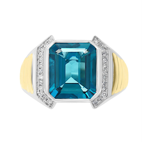 EFFY 12X10MM Emerald Shape Blue Topaz and Diamond Fashion Ring in Two-Tone Sterling Silver