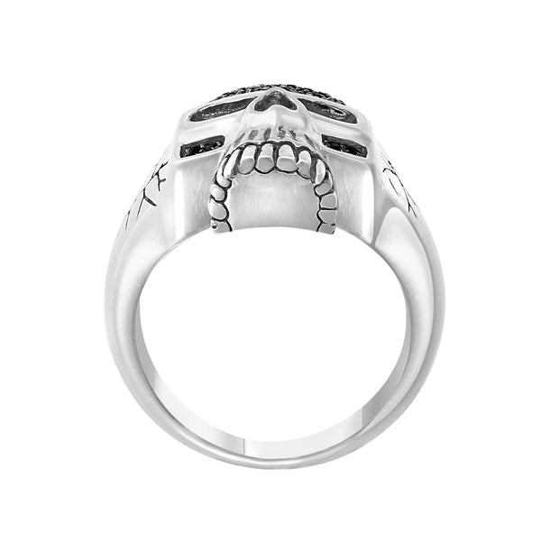 EFFY Round Black Spinel Skull Ring in Rhodium Plated Sterling Silver