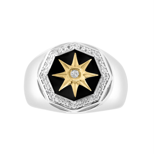 EFFY 12MM Octagon Onyx and White Sapphire Fashion Ring in Sterling Silver with a Gold Plated North Star