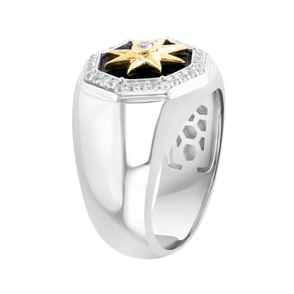 EFFY 12MM Octagon Onyx and White Sapphire Fashion Ring in Sterling Silver with a Gold Plated North Star