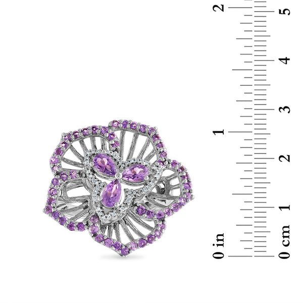 Pear Amethyst and Diamond Flower Ring in Sterling Silver