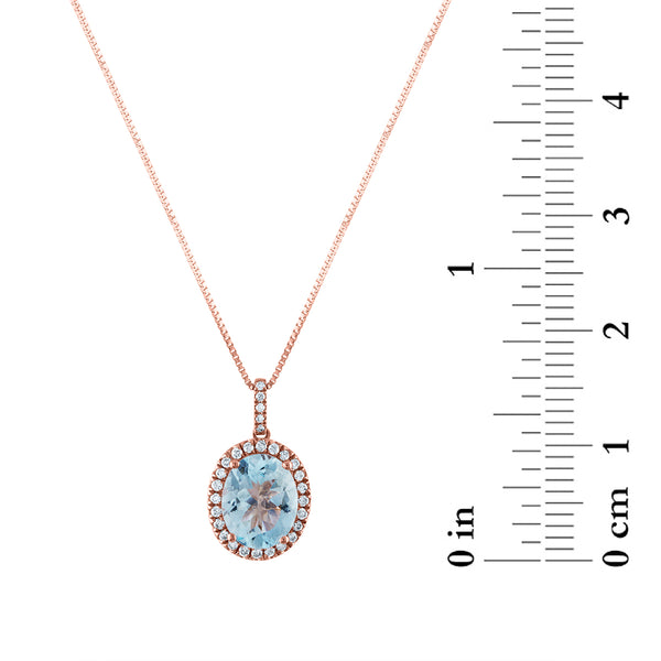 9X7MM Oval Aquamarine and Diamond Halo 18-inch Pendant in 14KT Rose Gold