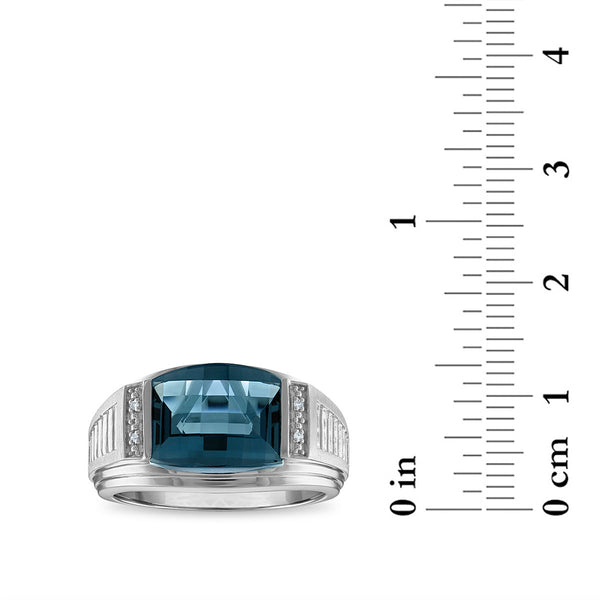 12X10MM Cushion London Blue Topaz and Diamond Gem Stone Diamond Accent Ring in Rhodium Plated Sterling Silver