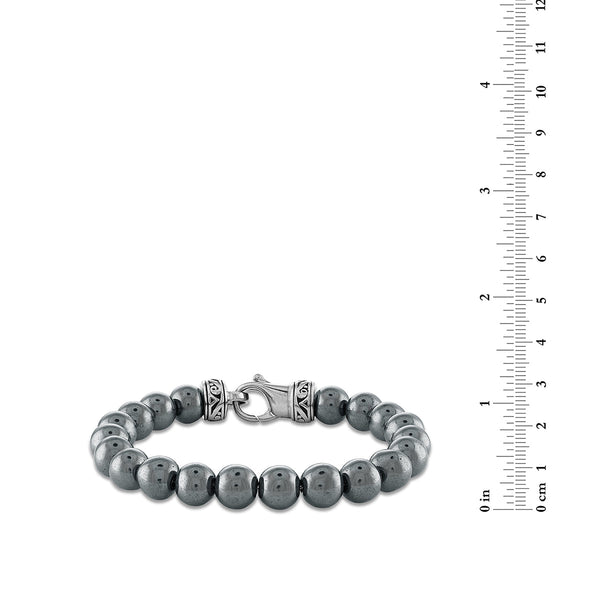 10MM Round Hematite Beaded Bracelet in Stainless Steel