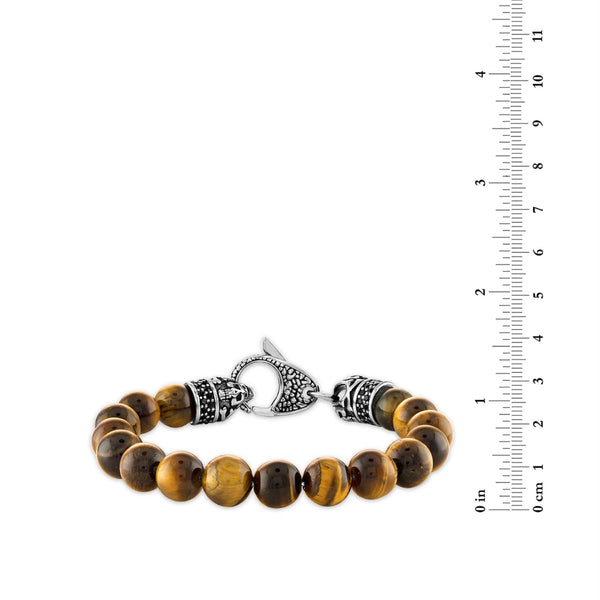 10MM Round Tiger Eye and Cubic Zirconia Beaded Bracelet in Stainless Steel