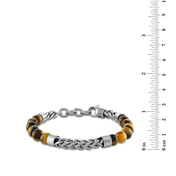 8MM Round Tiger Eye Beaded Franco Bracelet in Stainless Steel