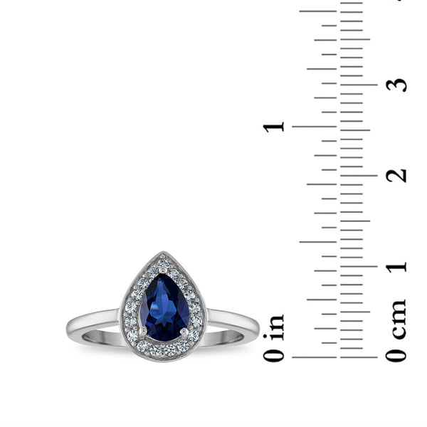 7X5MM Pear Ceylon Sapphire and White Sapphire Halo Ring in Rhodium Plated Sterling Silver