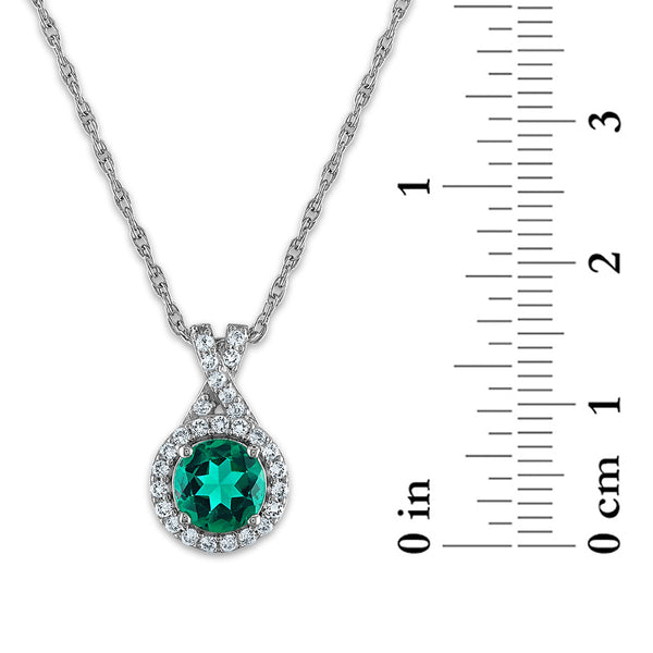 6MM Round Emerald and Sapphire Halo Fashion 18-inch Pendant in Rhodium Plated Sterling Silver