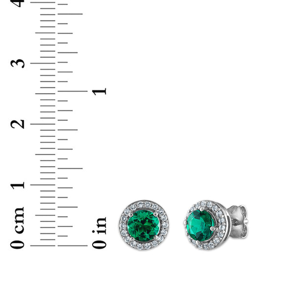 5MM Round Emerald and White Sapphire Halo Stud Earrings in Rhodium Plated Sterling Silver