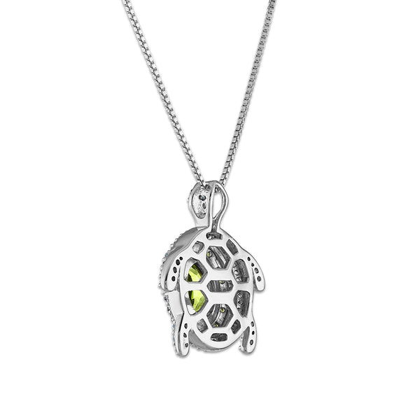 7X5MM Oval Peridot and White Sapphire Fashion Turtle 18-inch Pendant in Rhodium Plated Sterling Silver