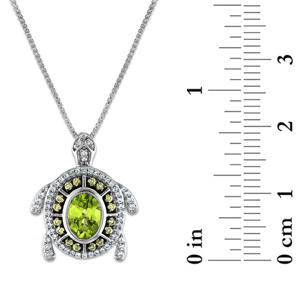 7X5MM Oval Peridot and White Sapphire Fashion Turtle 18-inch Pendant in Rhodium Plated Sterling Silver