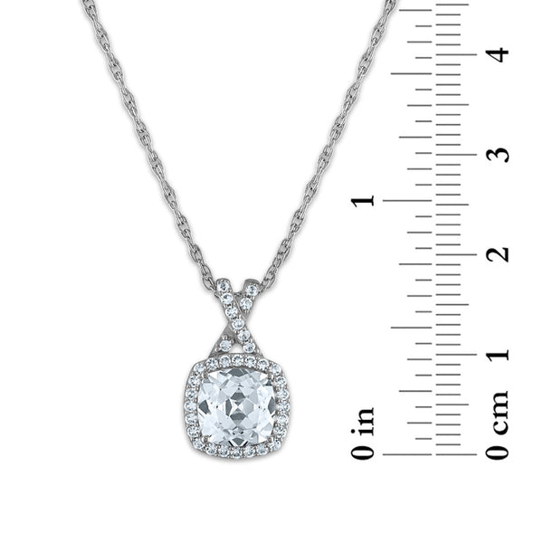 7MM Cushion Sapphire and White Sapphire Halo Fashion 18-inch Pendant in Rhodium Plated Sterling Silver