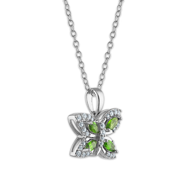 4X2MM Marquise Chrome Diopside and White Topaz Fashion Butterly 18-inch Pendant in Rhodium Plated Sterling Silver