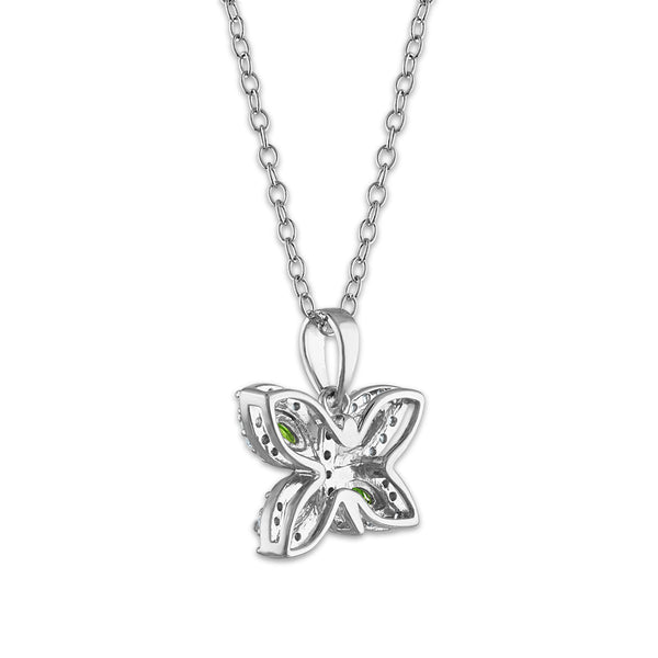 4X2MM Marquise Chrome Diopside and White Topaz Fashion Butterly 18-inch Pendant in Rhodium Plated Sterling Silver