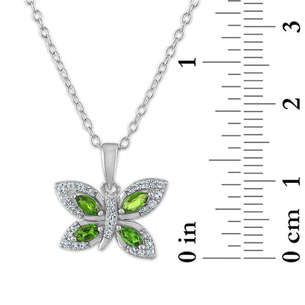 4X2MM Marquise Chrome Diopside and White Topaz Fashion Butterly 18-inch Pendant in Rhodium Plated Sterling Silver