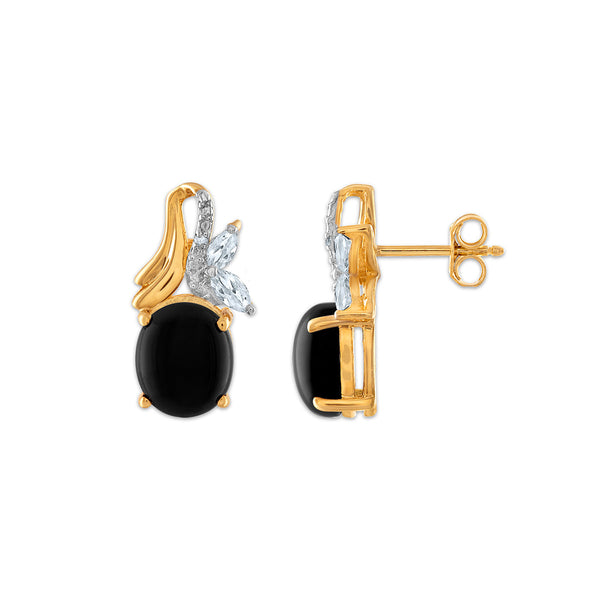 Onyx and White Sapphire Ring Pendant Earrings Set in Gold Plated Sterling Silver