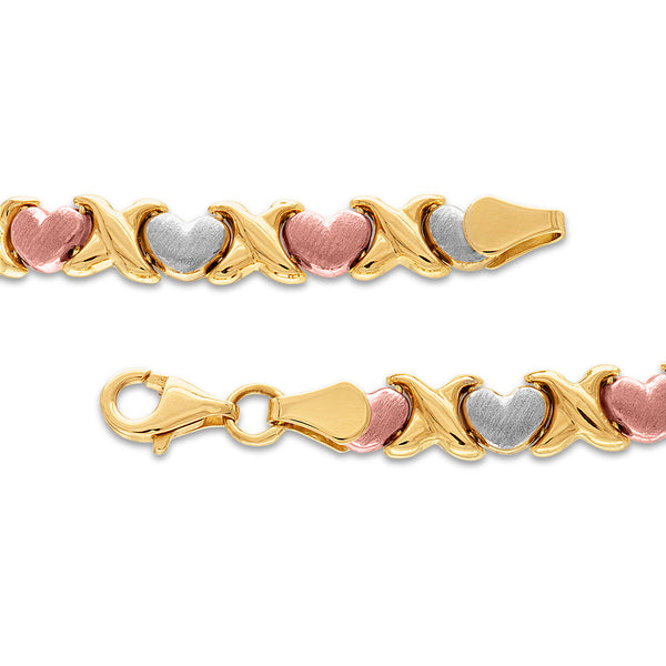 14KT Gold Tri-Color 7-inch Heart Bracelet