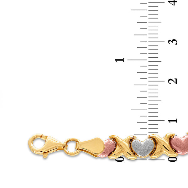 14KT Gold Tri-Color 7-inch Heart Bracelet