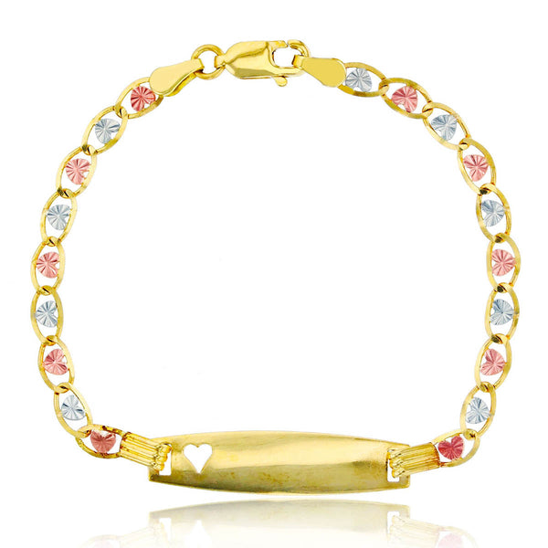 14KT Gold Tri-Color 6-inch Childrens ID Heart Bracelet