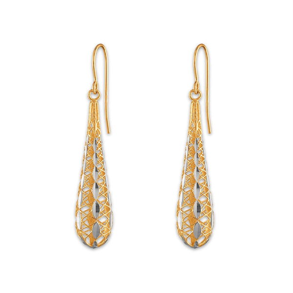 14KT Yellow Gold With Rhodium Plating Teardrop Filigree Earrings