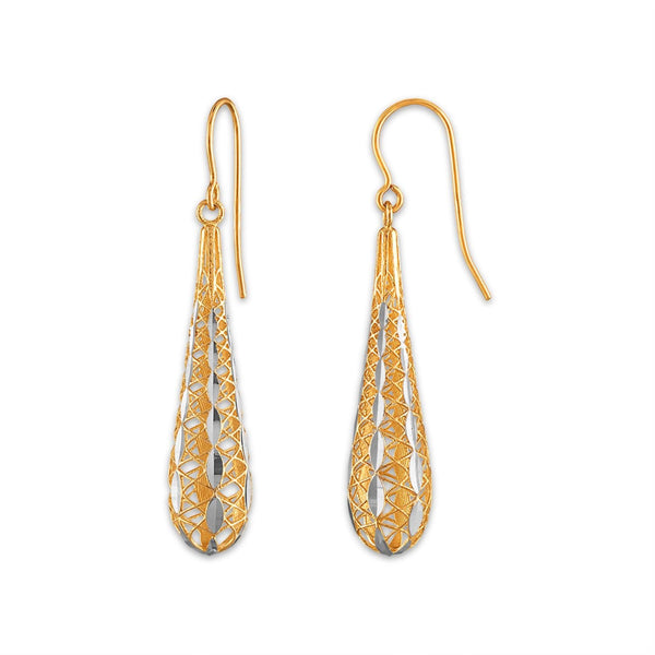 14KT Yellow Gold With Rhodium Plating Teardrop Filigree Earrings