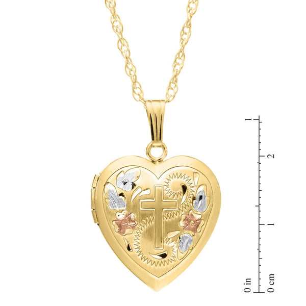 14KT Yellow Gold Filled 19MM 18-inch Locket Heart Cross Flower Pendant