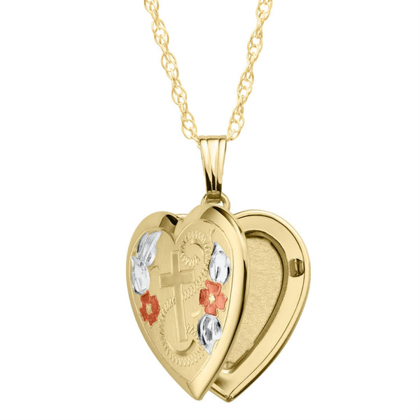 14KT Yellow Gold Filled 19MM 18-inch Locket Heart Cross Flower Pendant