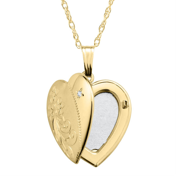 14KT Yellow Gold Filled and Diamond 19MM 18-inch Locket Heart Flower Pendant