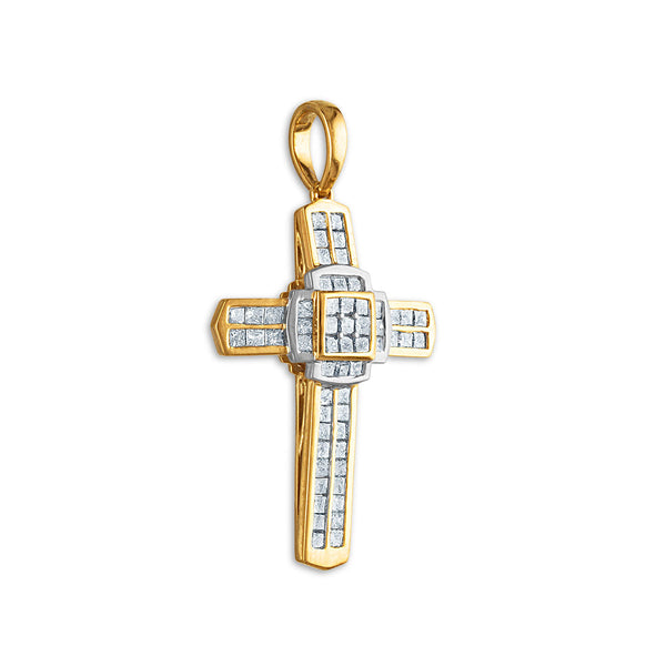 10KT White and Yellow Gold 1-1/2 CTW Diamond 43X23MM Cross Pendant. Chain Not Included