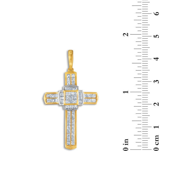 10KT White and Yellow Gold 1-1/2 CTW Diamond 43X23MM Cross Pendant. Chain Not Included