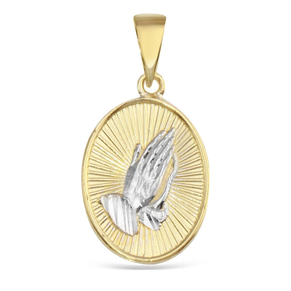 10KT White and Yellow Gold Guadalupe 2-Sided Praying Hands Pendant. Chain not Included