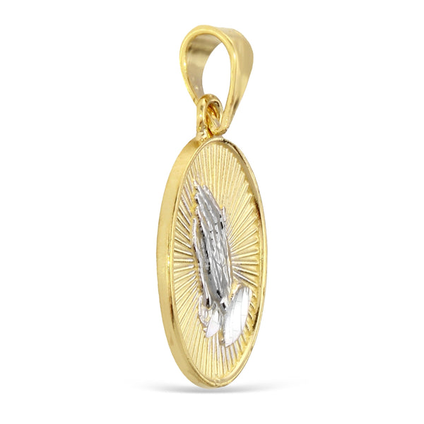 10KT White and Yellow Gold Guadalupe 2-Sided Praying Hands Pendant. Chain not Included