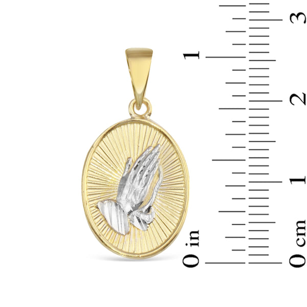 10KT White and Yellow Gold Guadalupe 2-Sided Praying Hands Pendant. Chain not Included