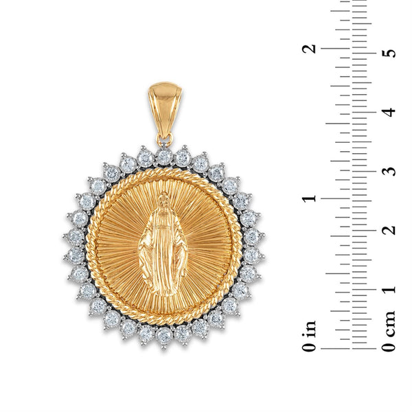 10KT Yellow Gold 1-1/4 CTW Round Diamond 35MM Guadalupe Medal Pendant. Chain Not Included