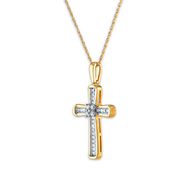 10KT White and Yellow Gold 1/5 CTW Round Diamond 26X14MM 18-inch Cross Pendant