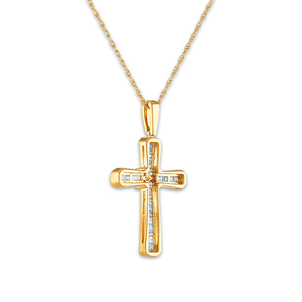 10KT White and Yellow Gold 1/5 CTW Round Diamond 26X14MM 18-inch Cross Pendant